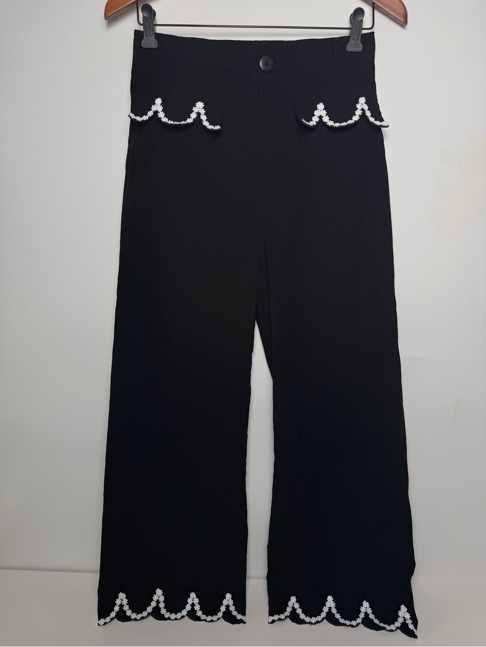 Maeve Colette Black Wide-Leg Pants White Embroidered High Rise Lightweight sz 26